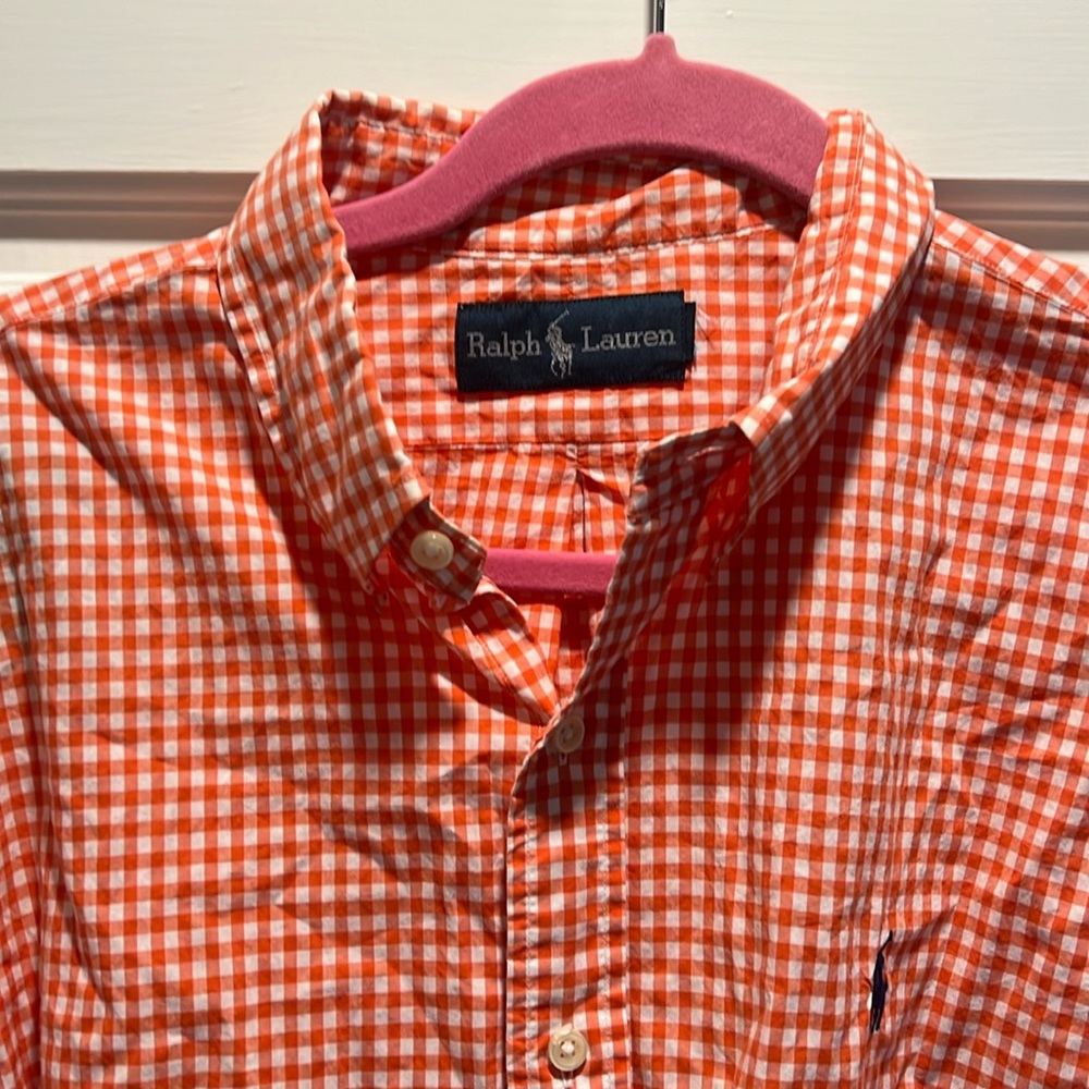 Ralph Lauren men’s button up long sleeve, orange, gingham shirt